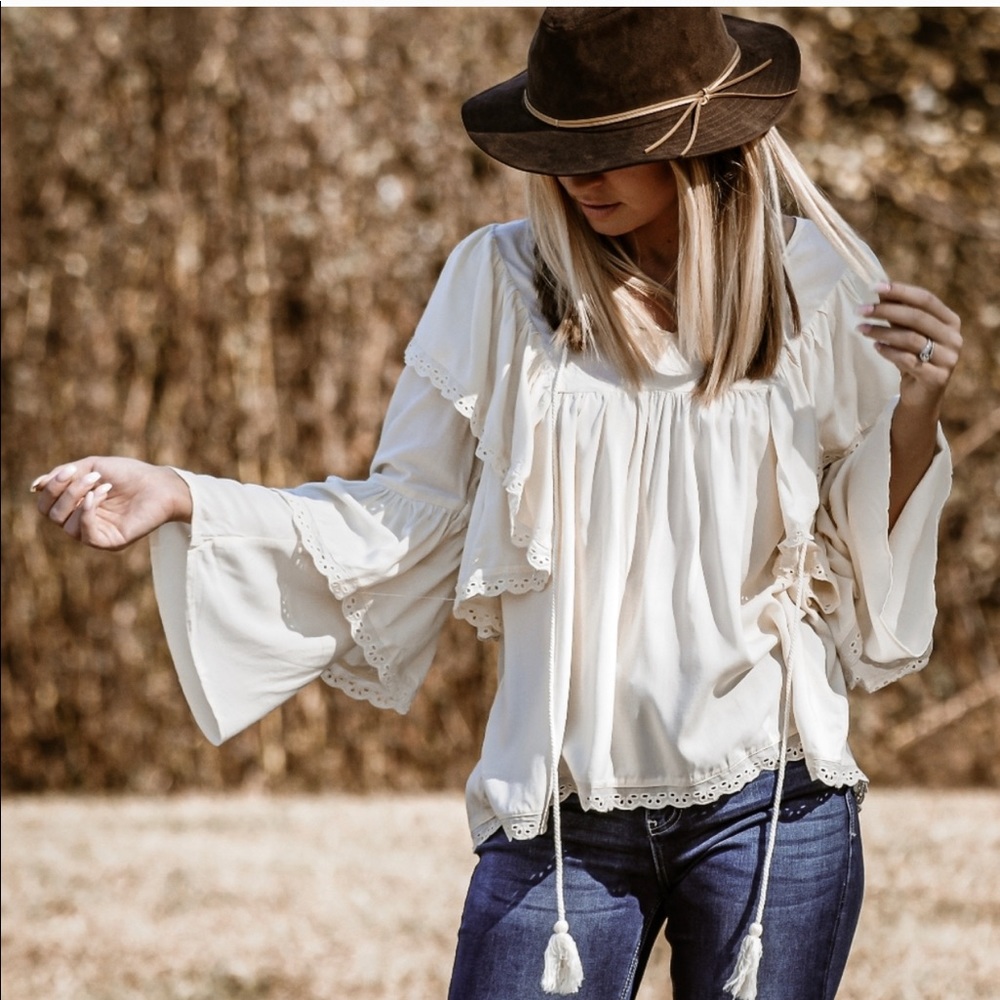 1 LEFT! Eyelet Boho Chic Top In Cream-Small